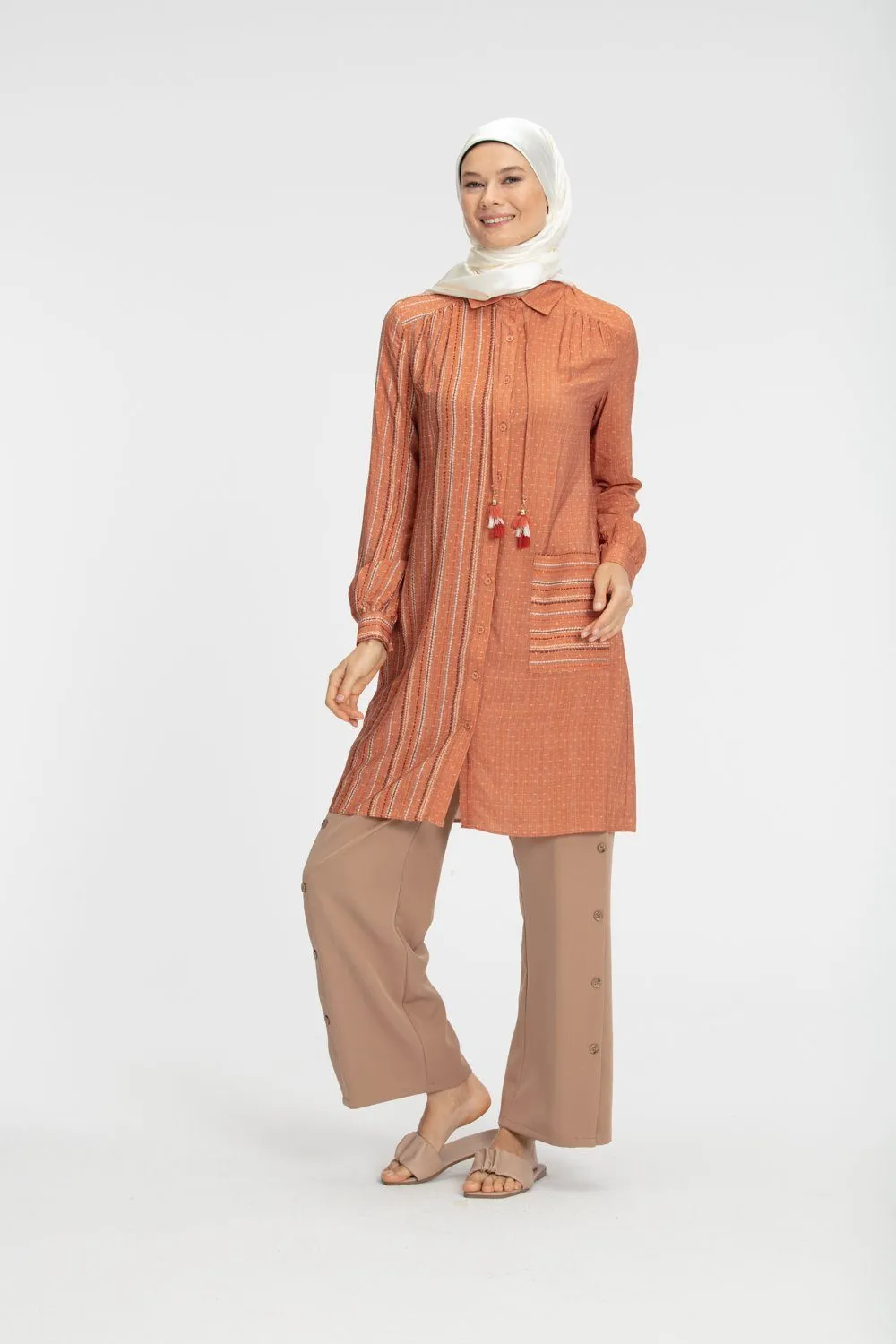 Cyra Striped Long Modest Top | Orange