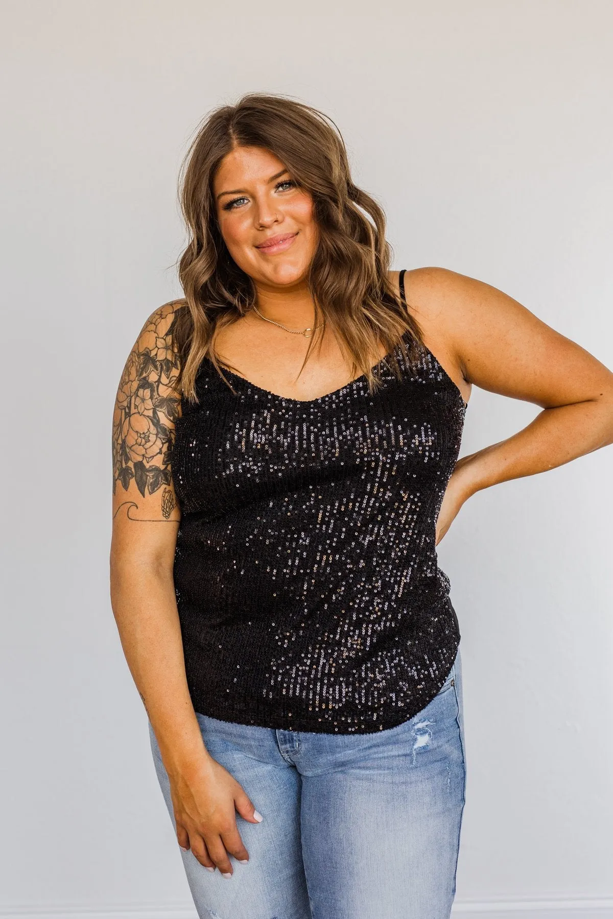 Dance Through The Night Sequin Tank Top- Black