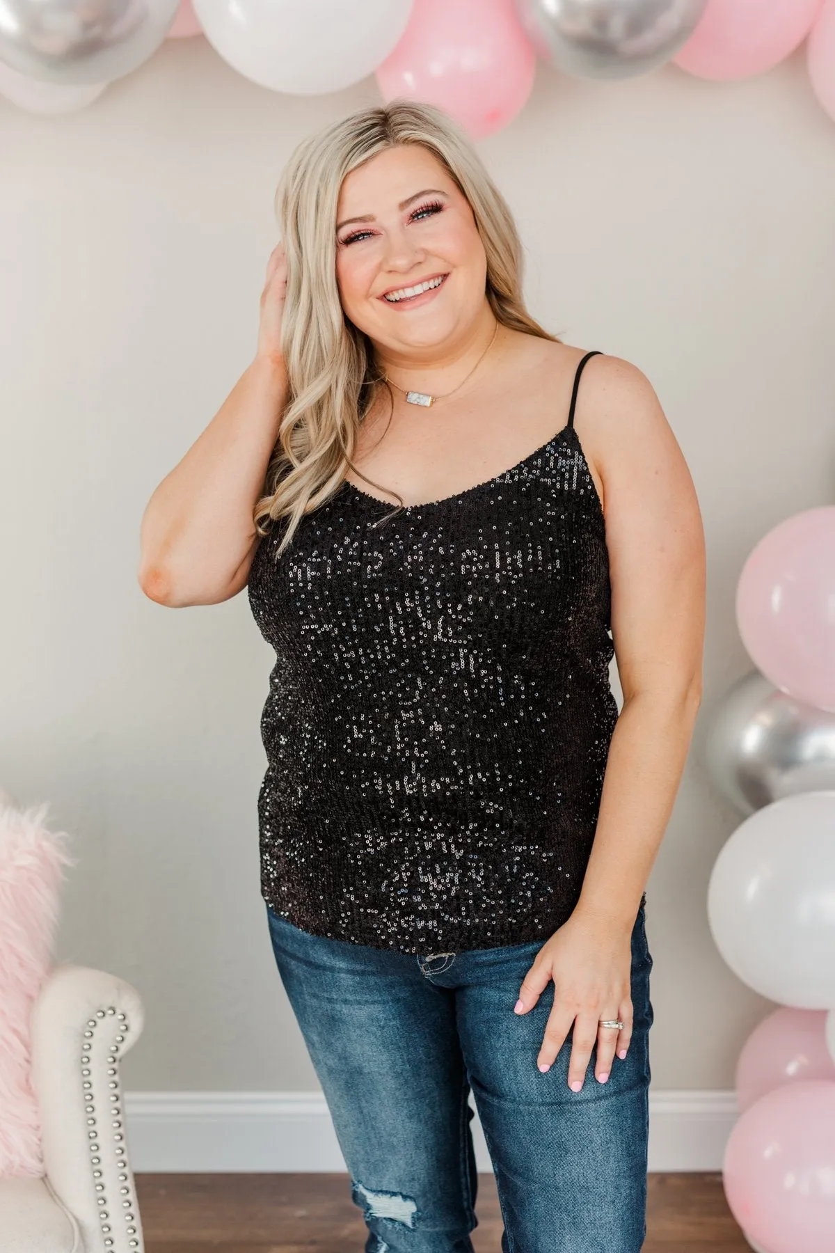 Dance Through The Night Sequin Tank Top- Black