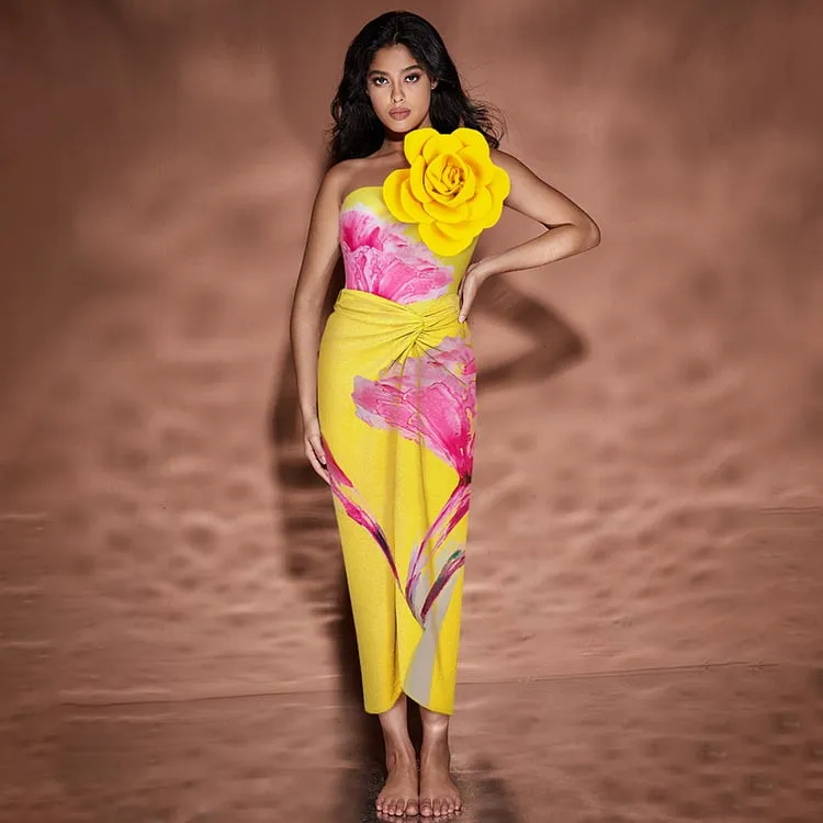 Dbcavay 3D Flowers One Shoulder Printed Wrap Skirt Swimsuit Set - Picture 1 / S