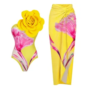 Dbcavay 3D Flowers One Shoulder Printed Wrap Skirt Swimsuit Set - Picture 1 / S