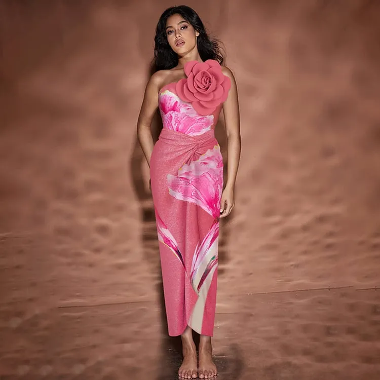 Dbcavay 3D Flowers One Shoulder Printed Wrap Skirt Swimsuit Set - Picture 1 / S