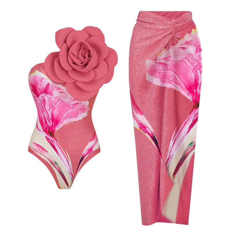 Dbcavay 3D Flowers One Shoulder Printed Wrap Skirt Swimsuit Set - Picture 1 / S