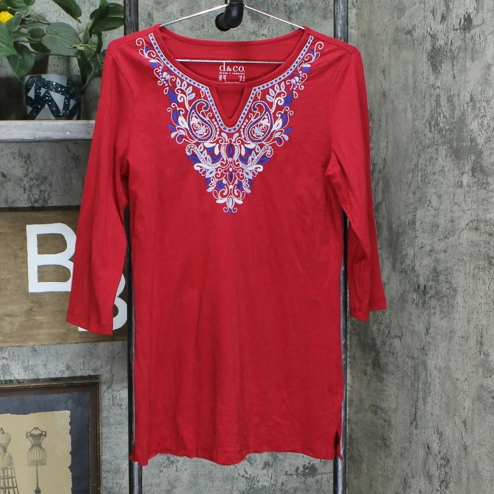 Denim & Co. Knit Top With Embroidered Keyhole Neckline Apple Red XS
