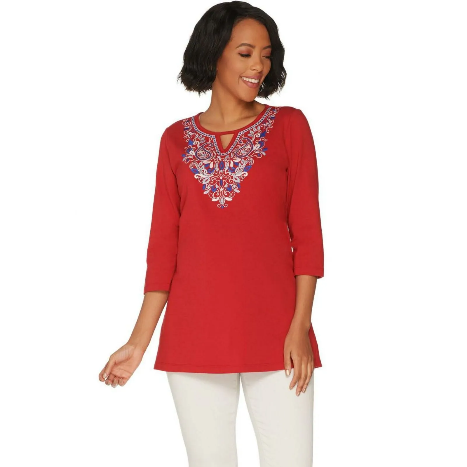 Denim & Co. Knit Top With Embroidered Keyhole Neckline Apple Red XS