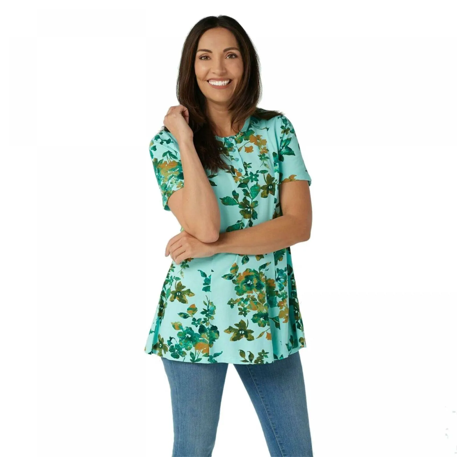 Denim & Co. Plus Printed Jersey Fit & Flare Henley Tunic Top