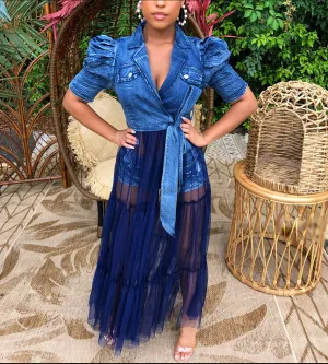 Denim Tulle Wrap Top (Stone Wash)