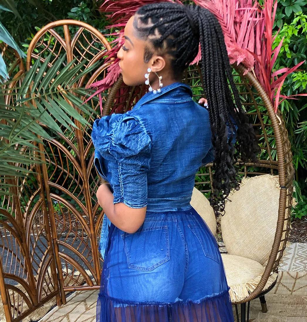 Denim Tulle Wrap Top (Stone Wash)