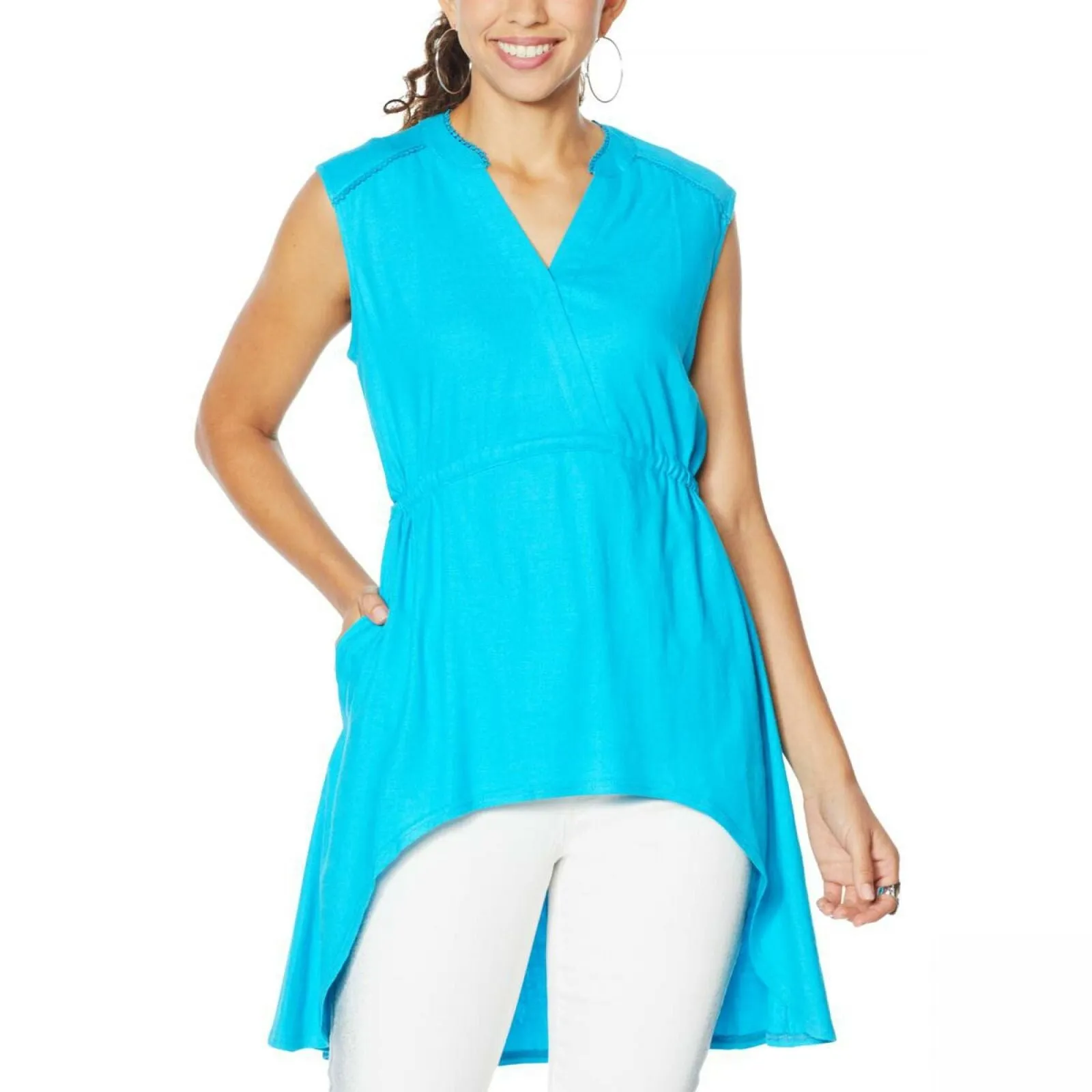 DG2 by Diane Gilman Women's Linen Blend Sleeveless Hi Low Tunic Top