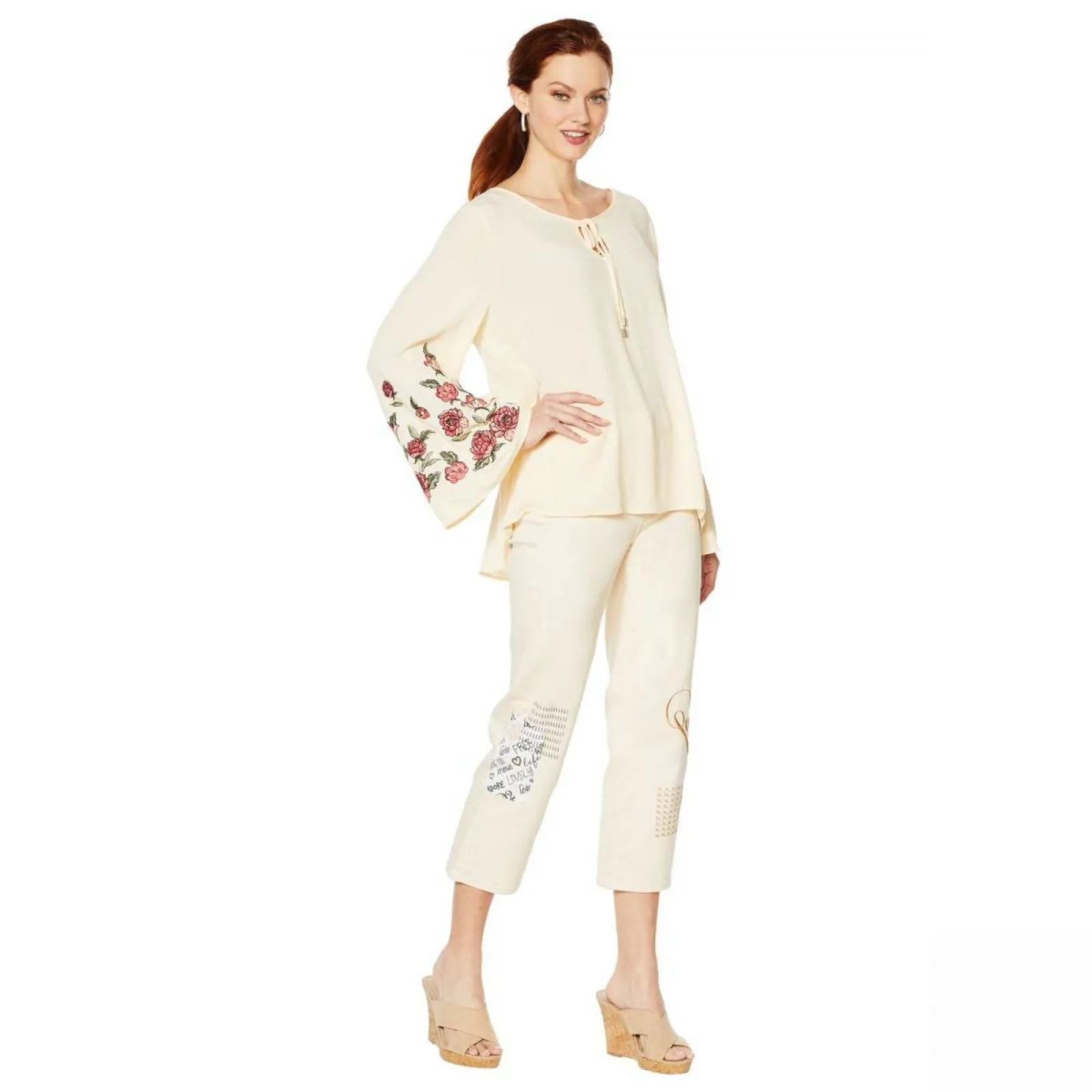 DG2 by Diane Gilman Women's Plus Size Embroidered Flare Sleeve Blouse