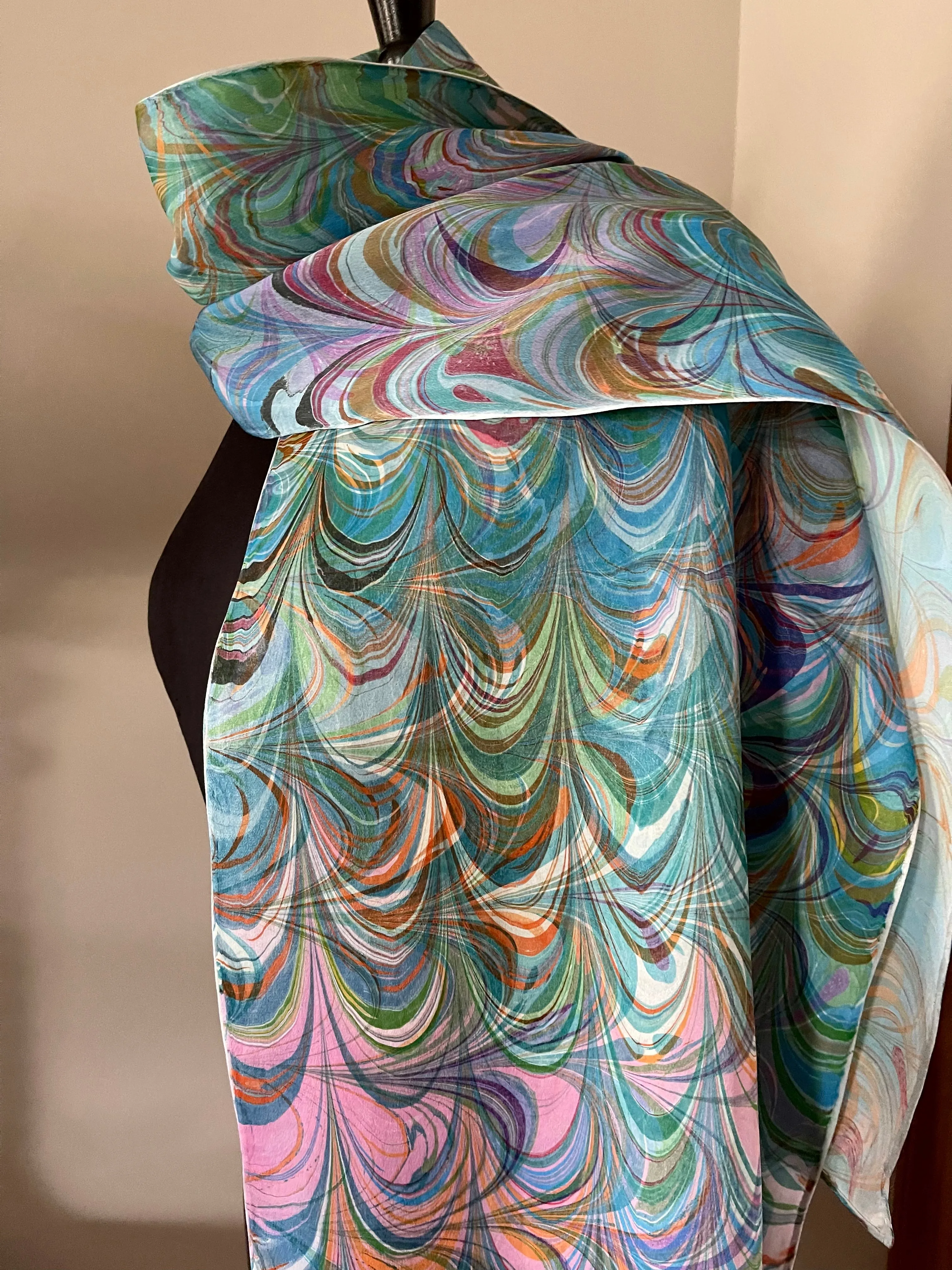 Double marbled  blue orange pink  Charmeuse  Silk 72x14” bold fun. This beautiful silk makes a unique dresser cover and scarf