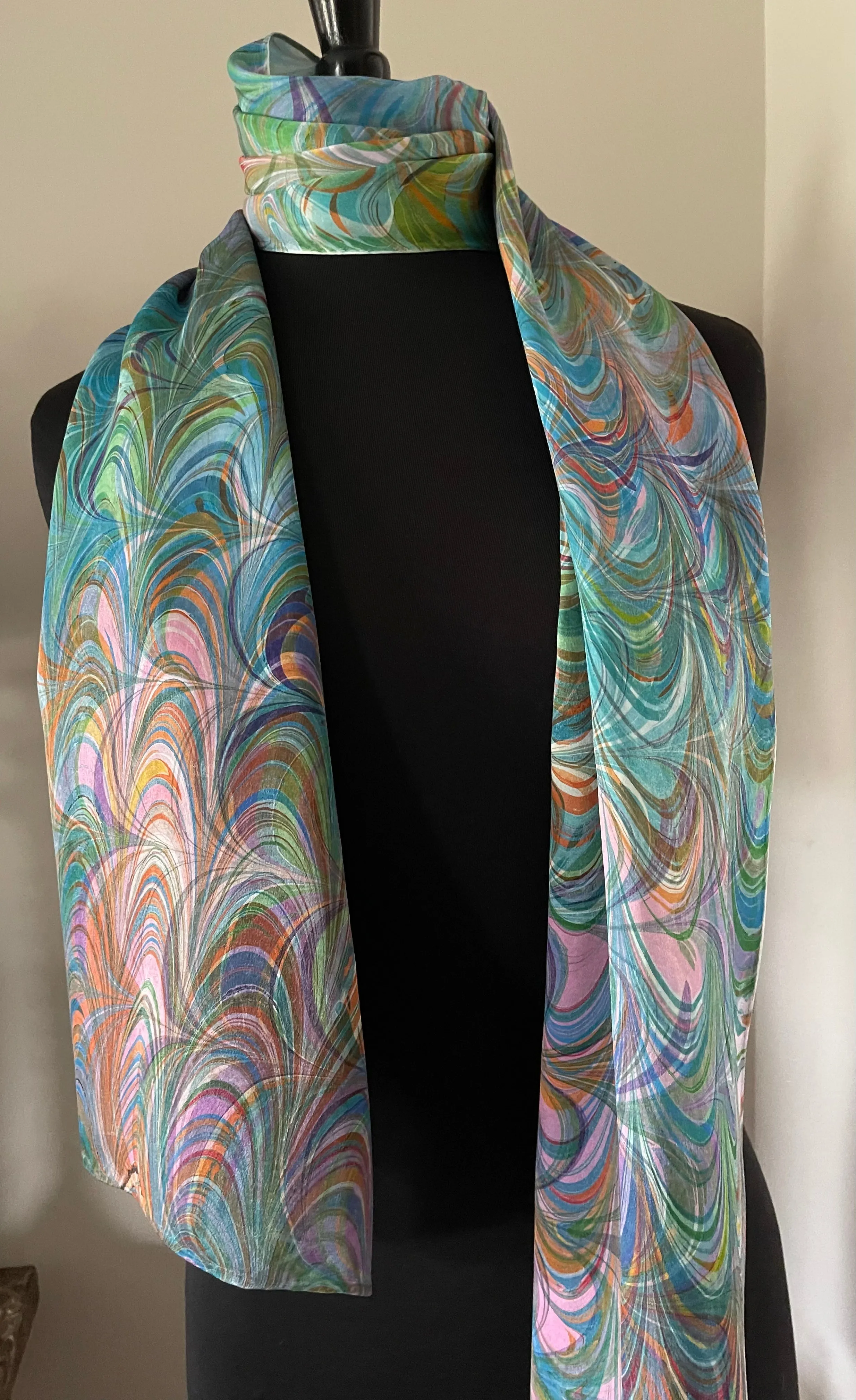 Double marbled  blue orange pink  Charmeuse  Silk 72x14” bold fun. This beautiful silk makes a unique dresser cover and scarf