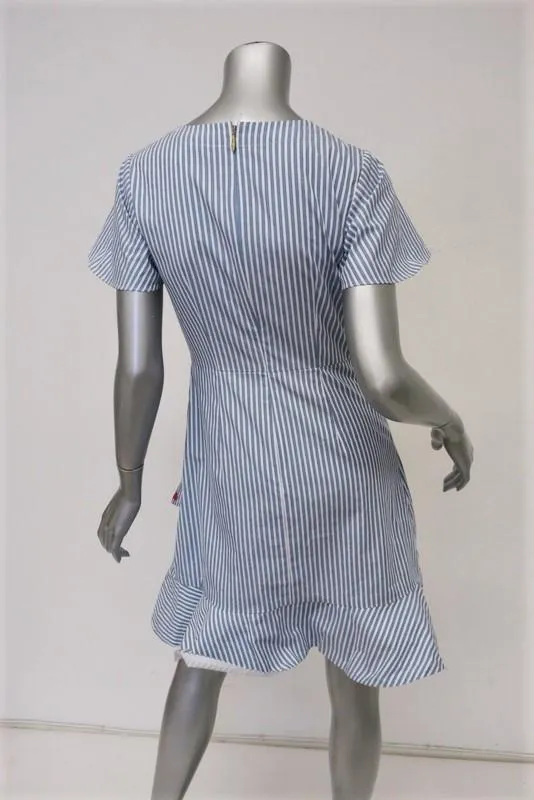 Draper James Embroidered Faux Wrap Dress Blue/White Striped Cotton Size 2