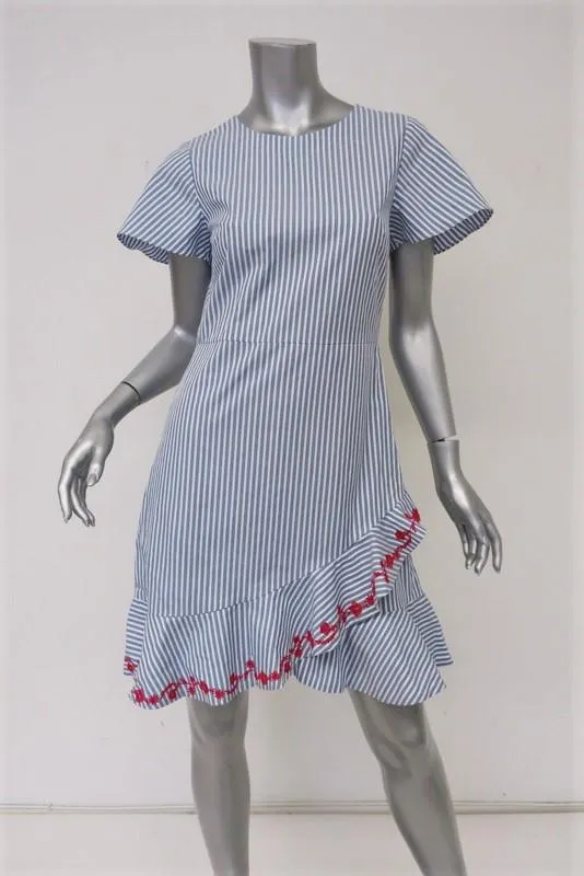 Draper James Embroidered Faux Wrap Dress Blue/White Striped Cotton Size 2