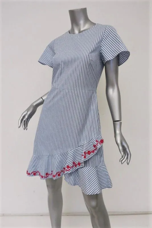 Draper James Embroidered Faux Wrap Dress Blue/White Striped Cotton Size 2