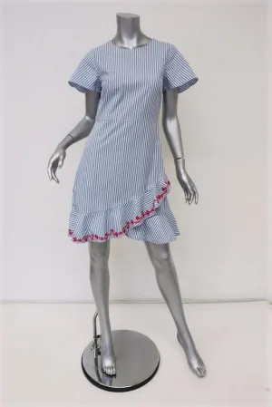 Draper James Embroidered Faux Wrap Dress Blue/White Striped Cotton Size 2