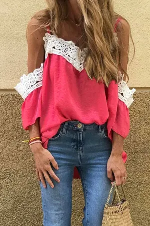 Elegant Patchwork Lace Contrast V Neck T-Shirts