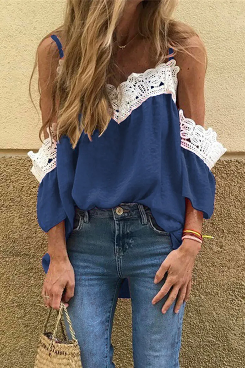 Elegant Patchwork Lace Contrast V Neck T-Shirts