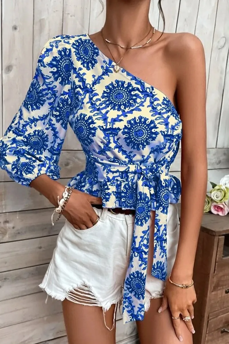 Elegant Vacation Not Positioning Printed Patchwork Oblique Collar Tops