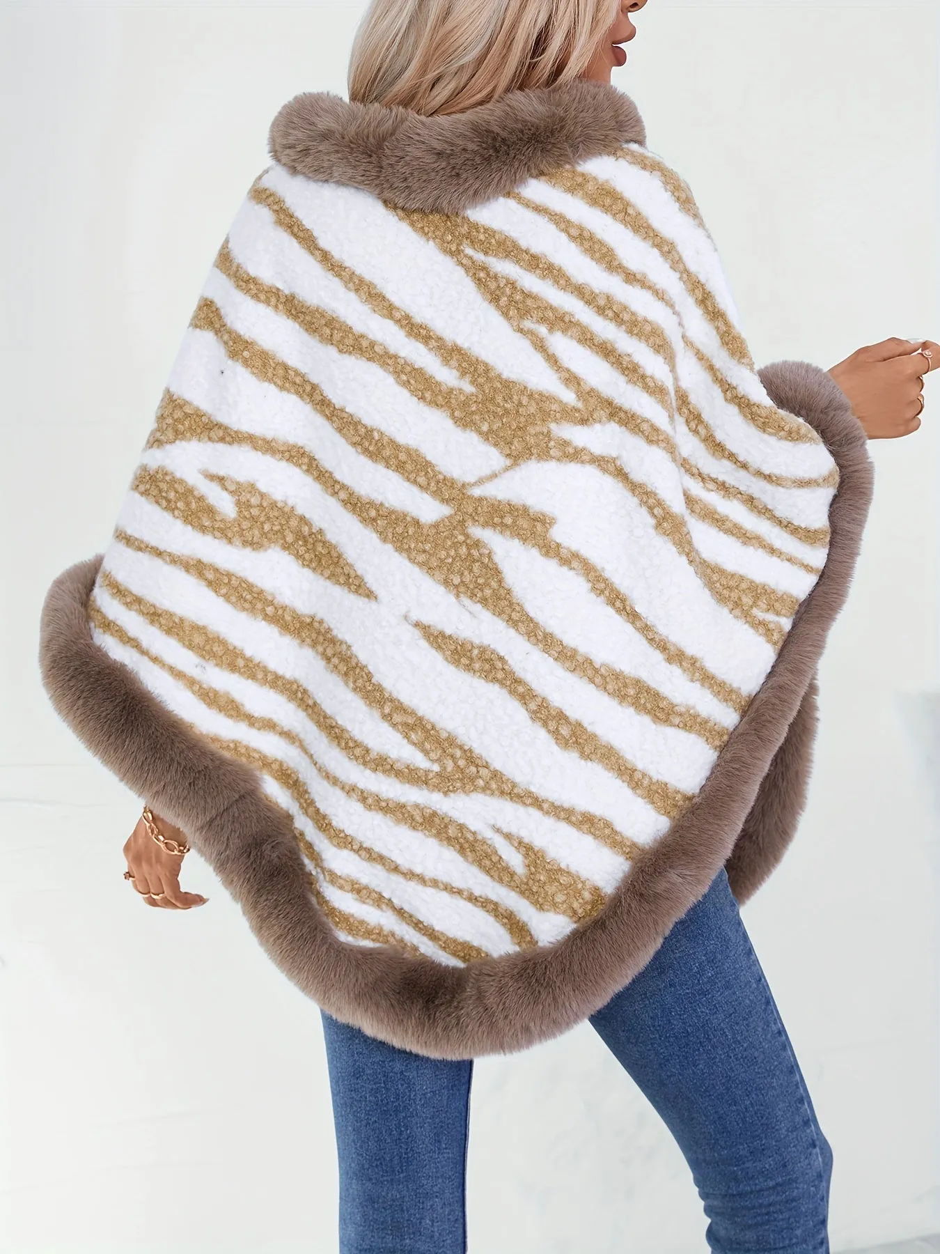 Elegant Zebra Stripe Fuzzy Poncho Cape for FallWinter