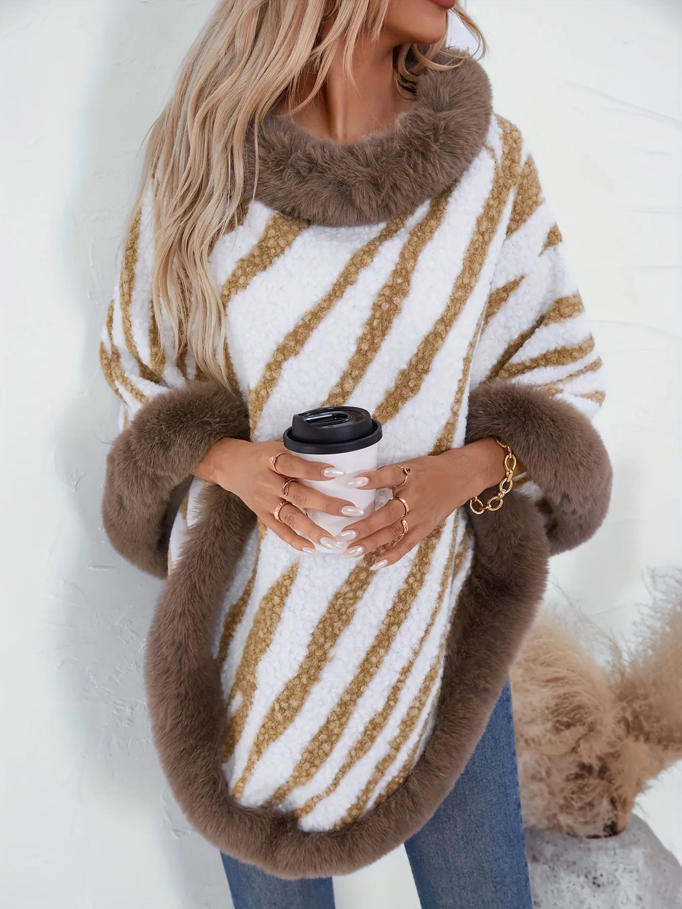 Elegant Zebra Stripe Fuzzy Poncho Cape for FallWinter