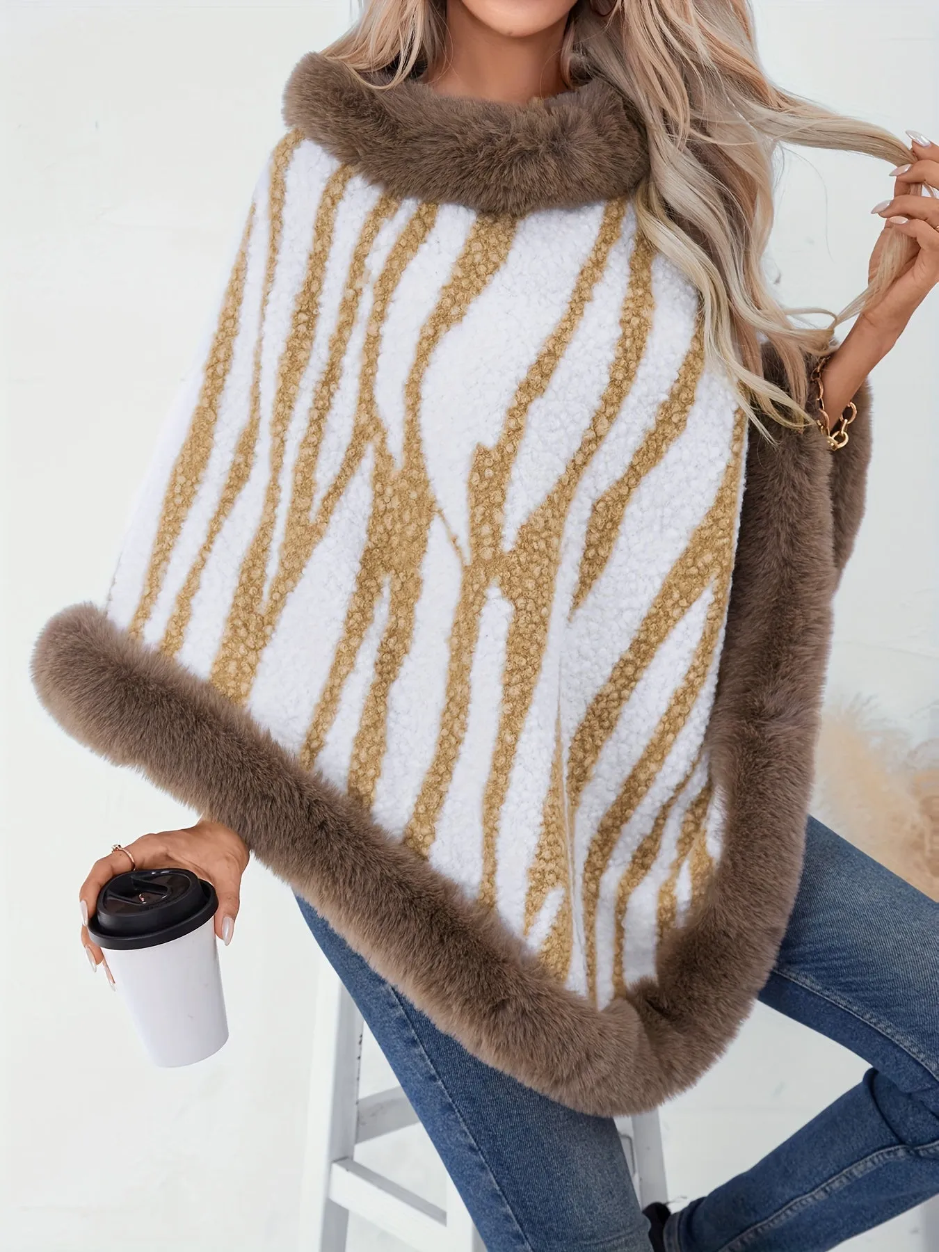 Elegant Zebra Stripe Fuzzy Poncho Cape for FallWinter
