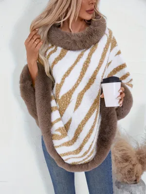 Elegant Zebra Stripe Fuzzy Poncho Cape for FallWinter