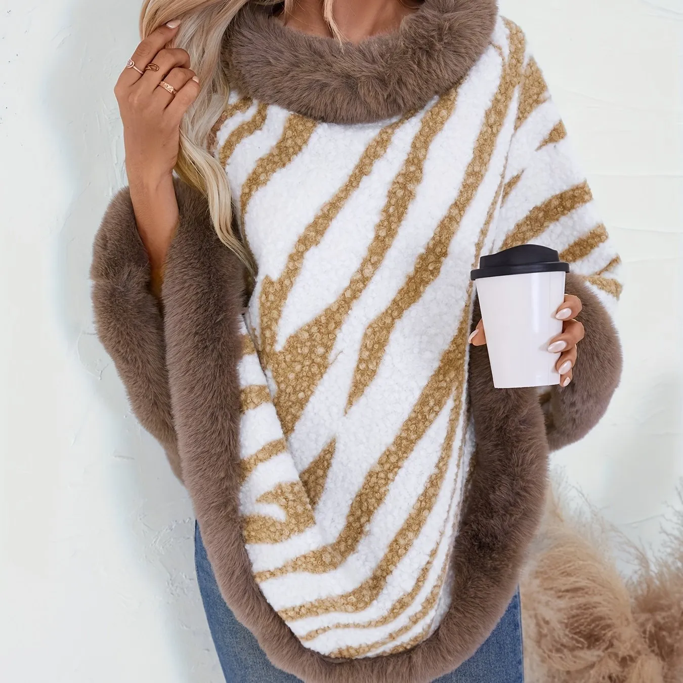 Elegant Zebra Stripe Fuzzy Poncho Cape for FallWinter