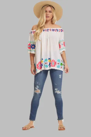 Eloise Embroidered Tunic Off Shoulder Natural/ Multicolor