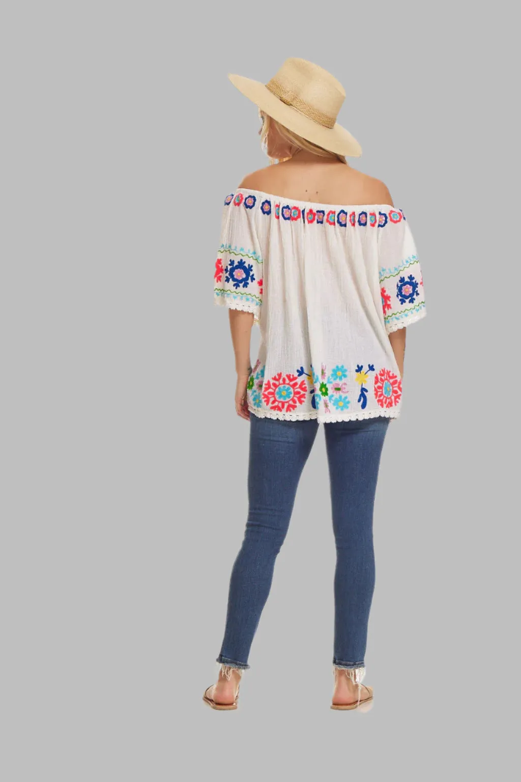 Eloise Embroidered Tunic Off Shoulder Natural/ Multicolor