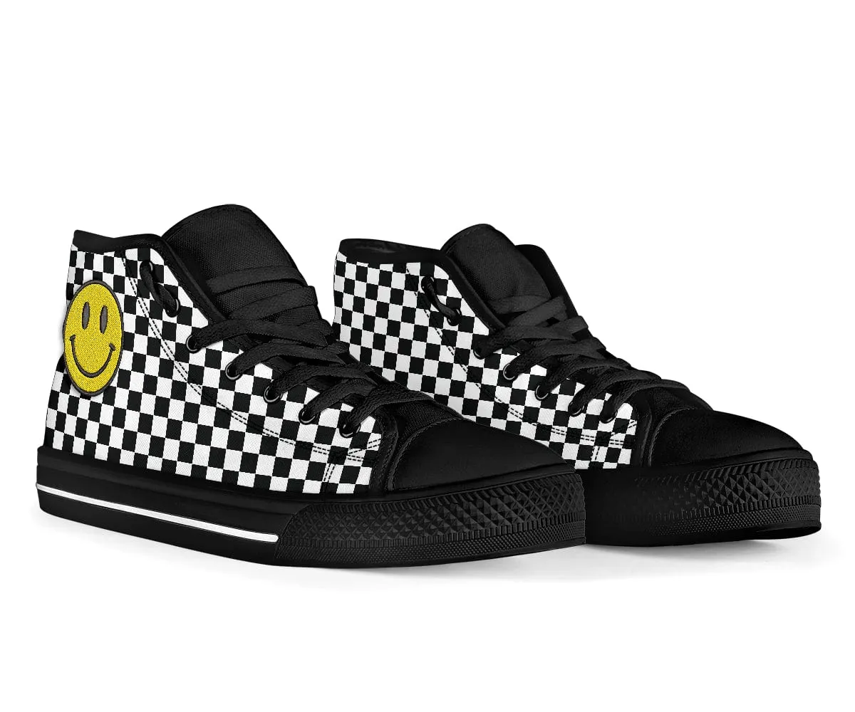 Embroidered Black Checkered Smiling Face Trendy High Tops
