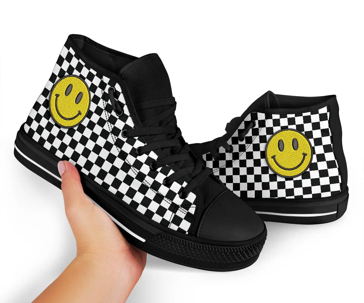 Embroidered Black Checkered Smiling Face Trendy High Tops