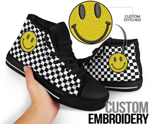 Embroidered Black Checkered Smiling Face Trendy High Tops