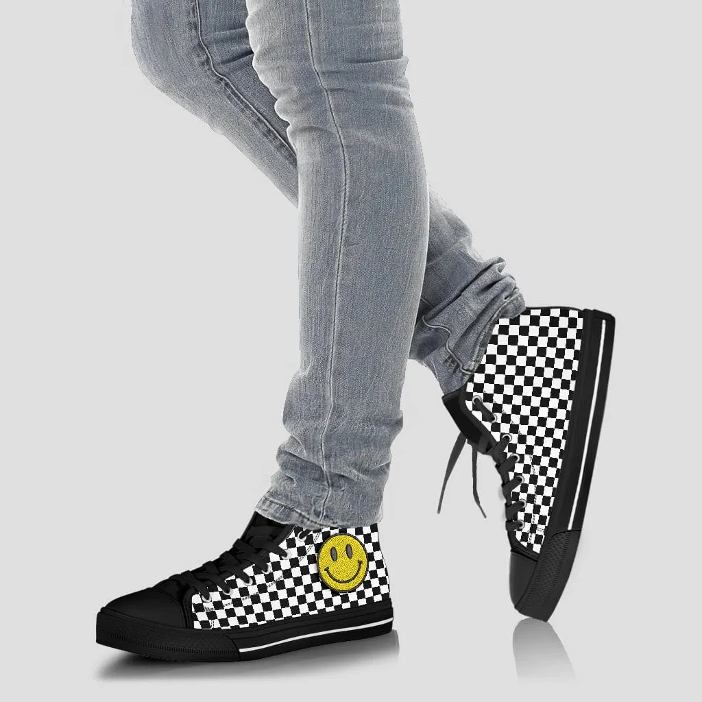 Embroidered Black Checkered Smiling Face Trendy High Tops