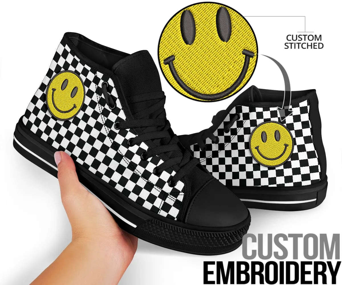 Embroidered Black Checkered Smiling Face Trendy High Tops