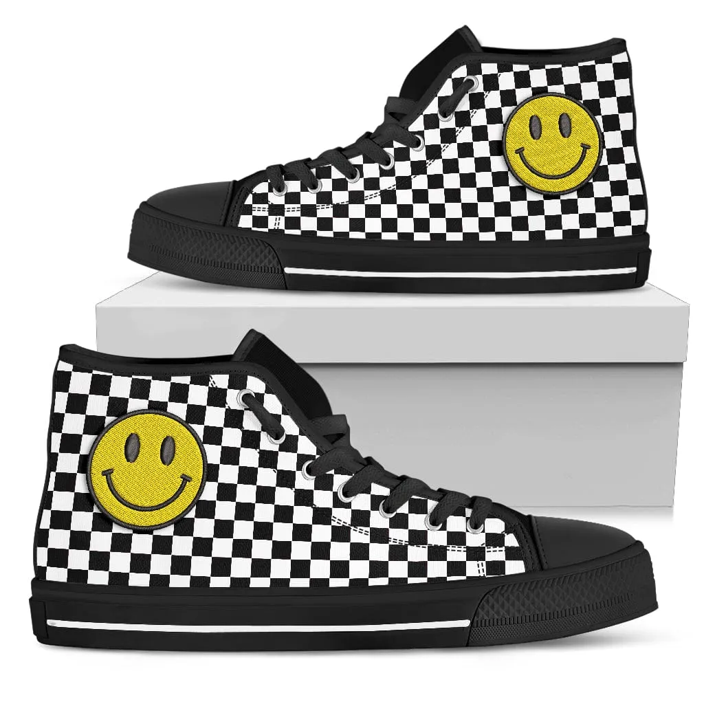 Embroidered Black Checkered Smiling Face Trendy High Tops