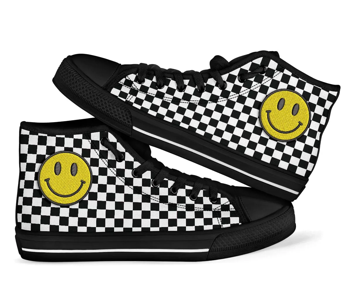 Embroidered Black Checkered Smiling Face Trendy High Tops