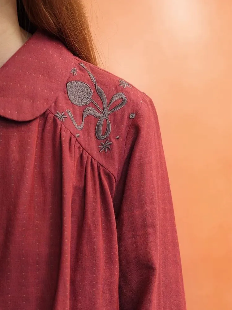 Embroidered Bow Textured Shirt