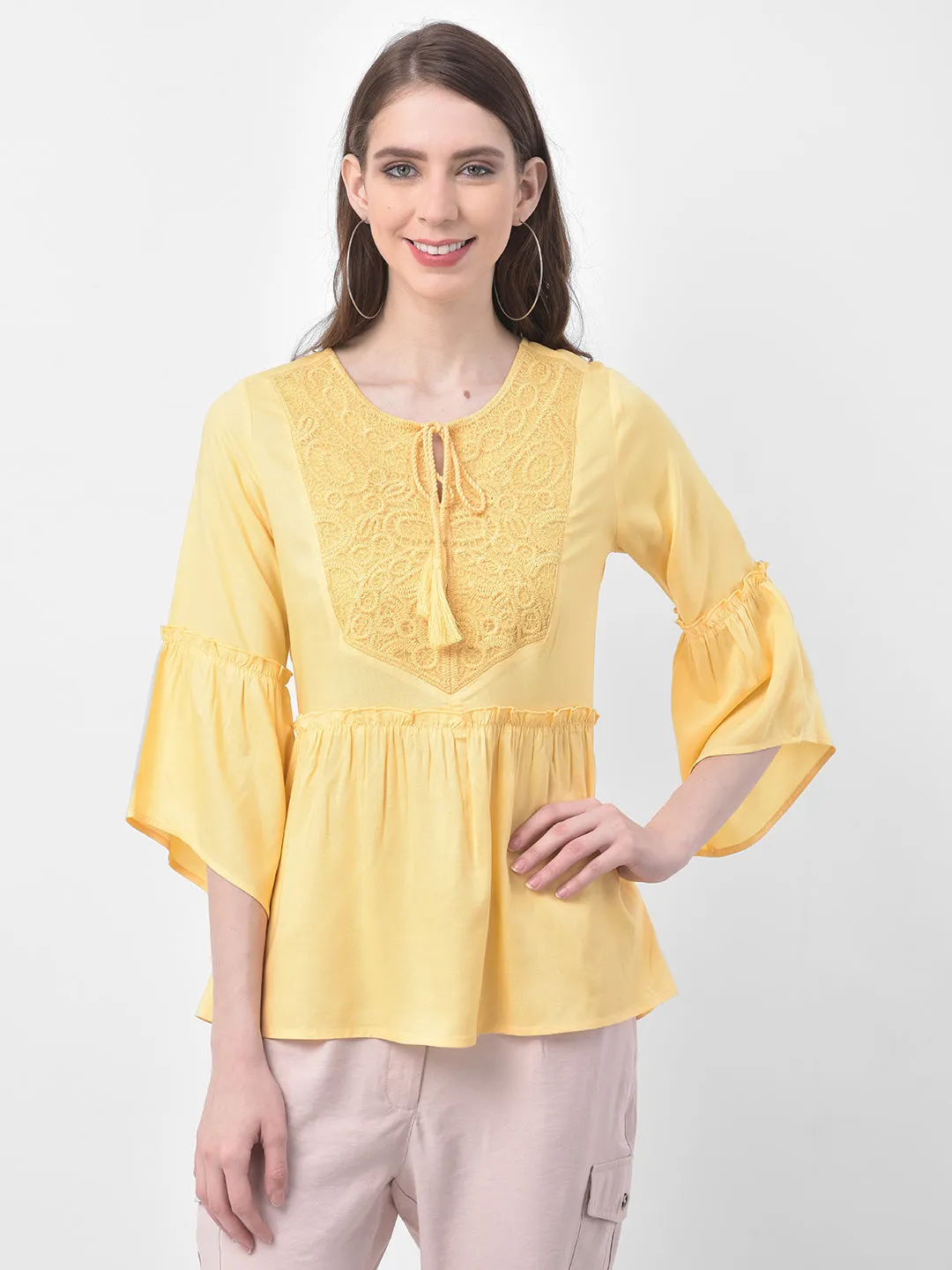 Embroidered Rayon Top With Tassels