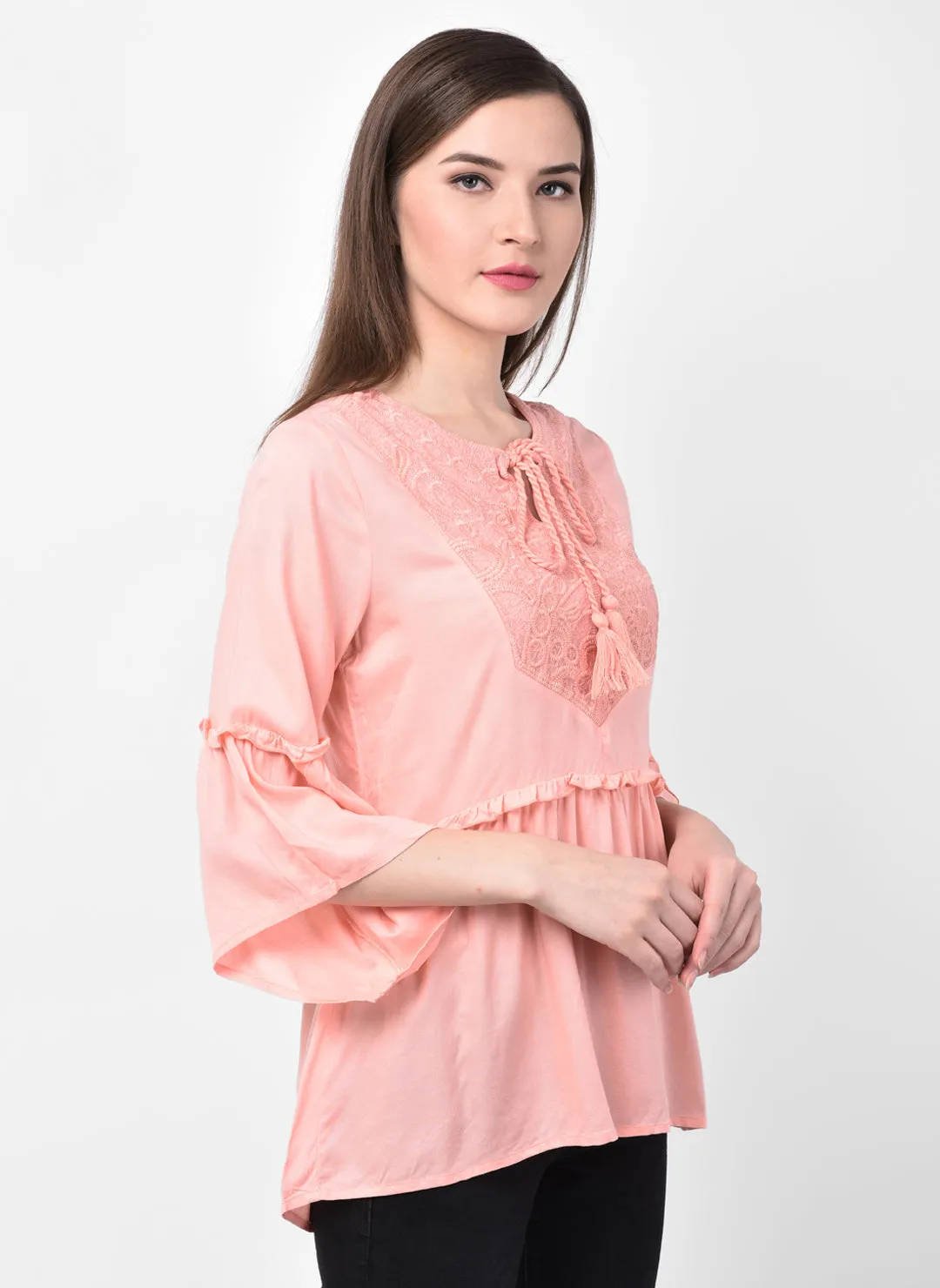 Embroidered Rayon Top With Tassels