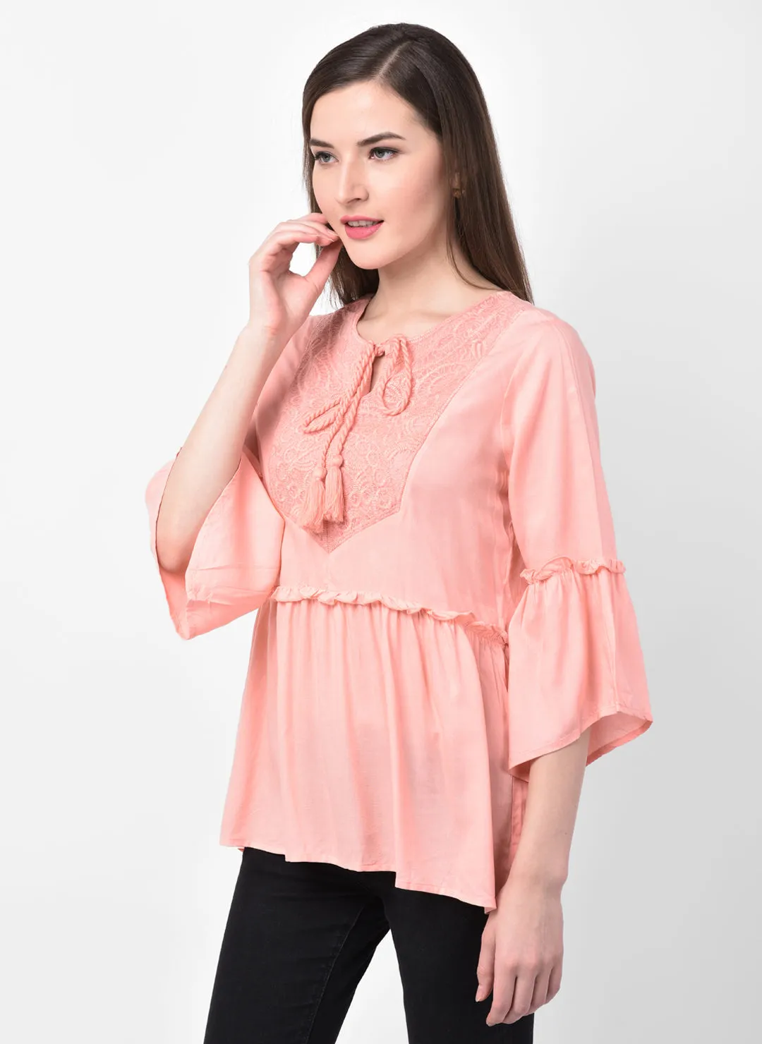 Embroidered Rayon Top With Tassels