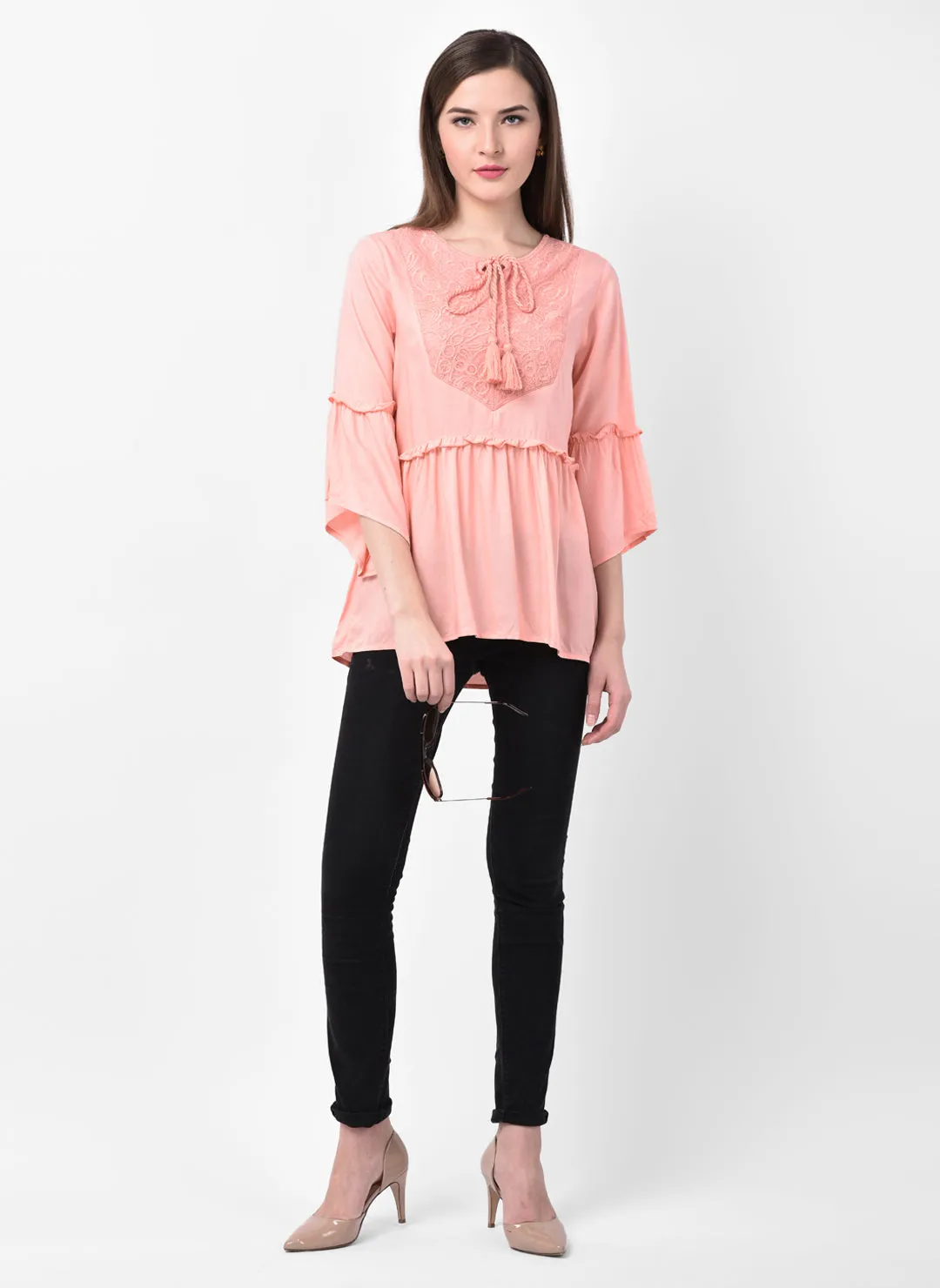 Embroidered Rayon Top With Tassels
