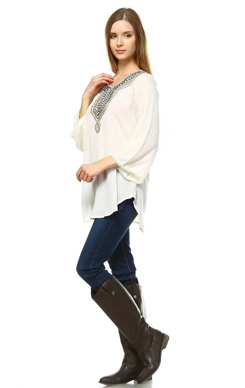 Embroidered Shirt with Long Sleeves with Button Accents Cream
