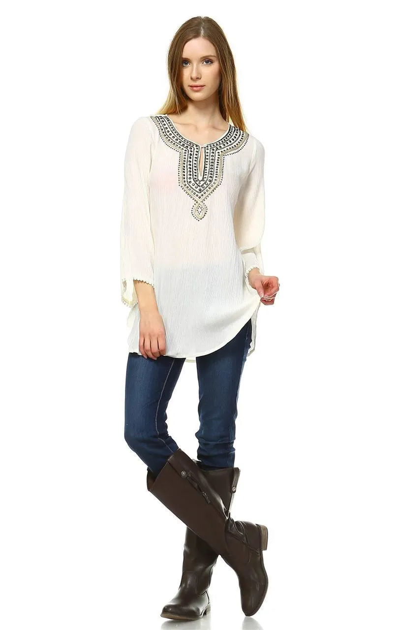 Embroidered Shirt with Long Sleeves with Button Accents Cream