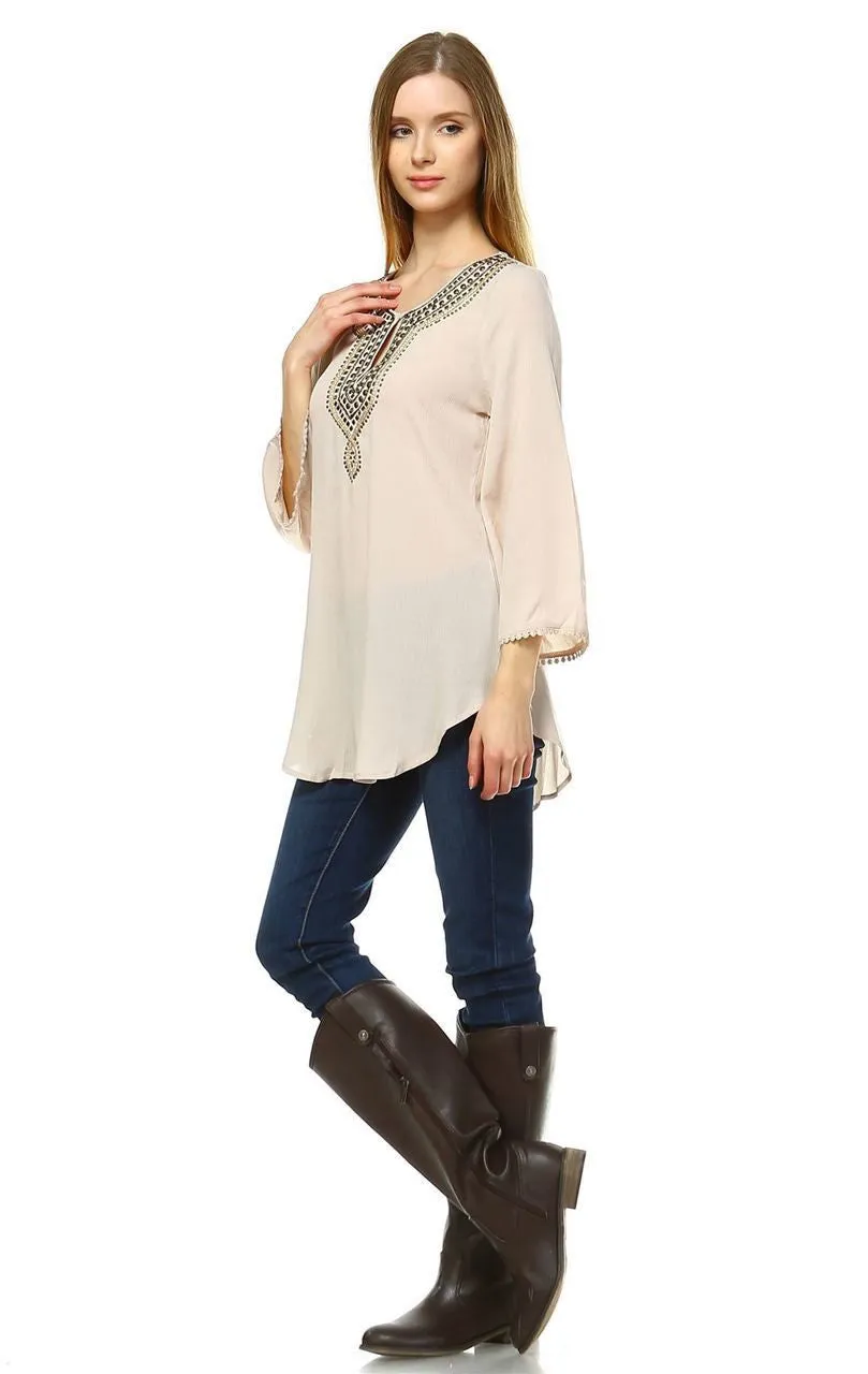 Embroidered Shirt with Long Sleeves with Button Accents Sand