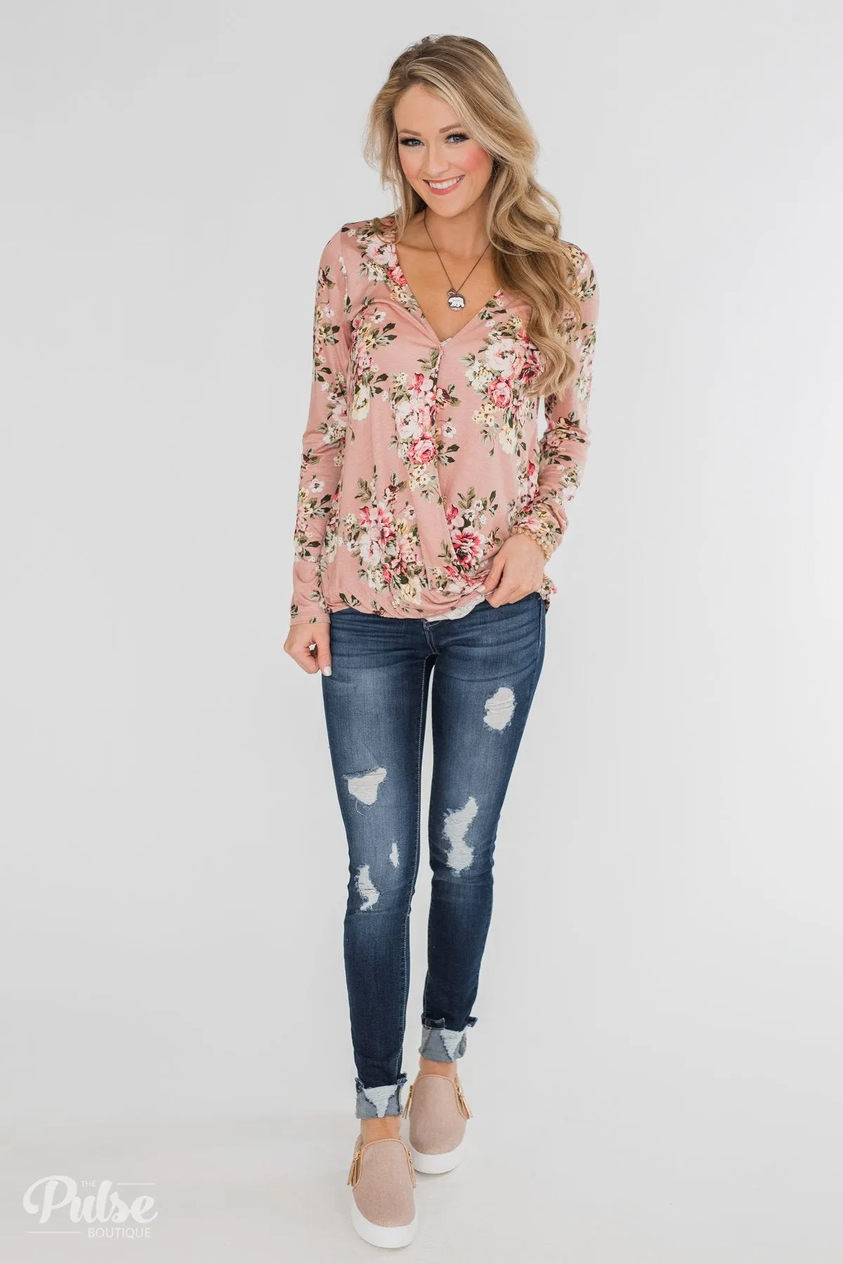 Endless Possibilities Floral Wrap Top- Mauve