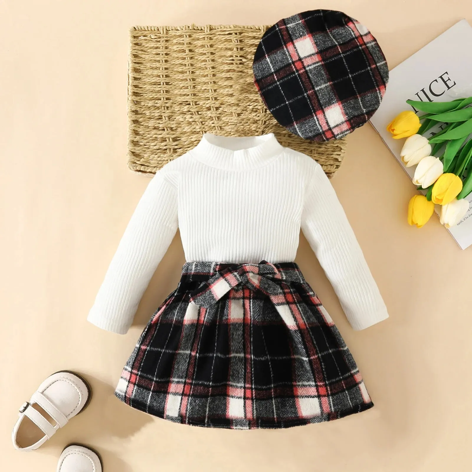 Euro Toddler Knit Long Sleeve Tops Plaid Skirts