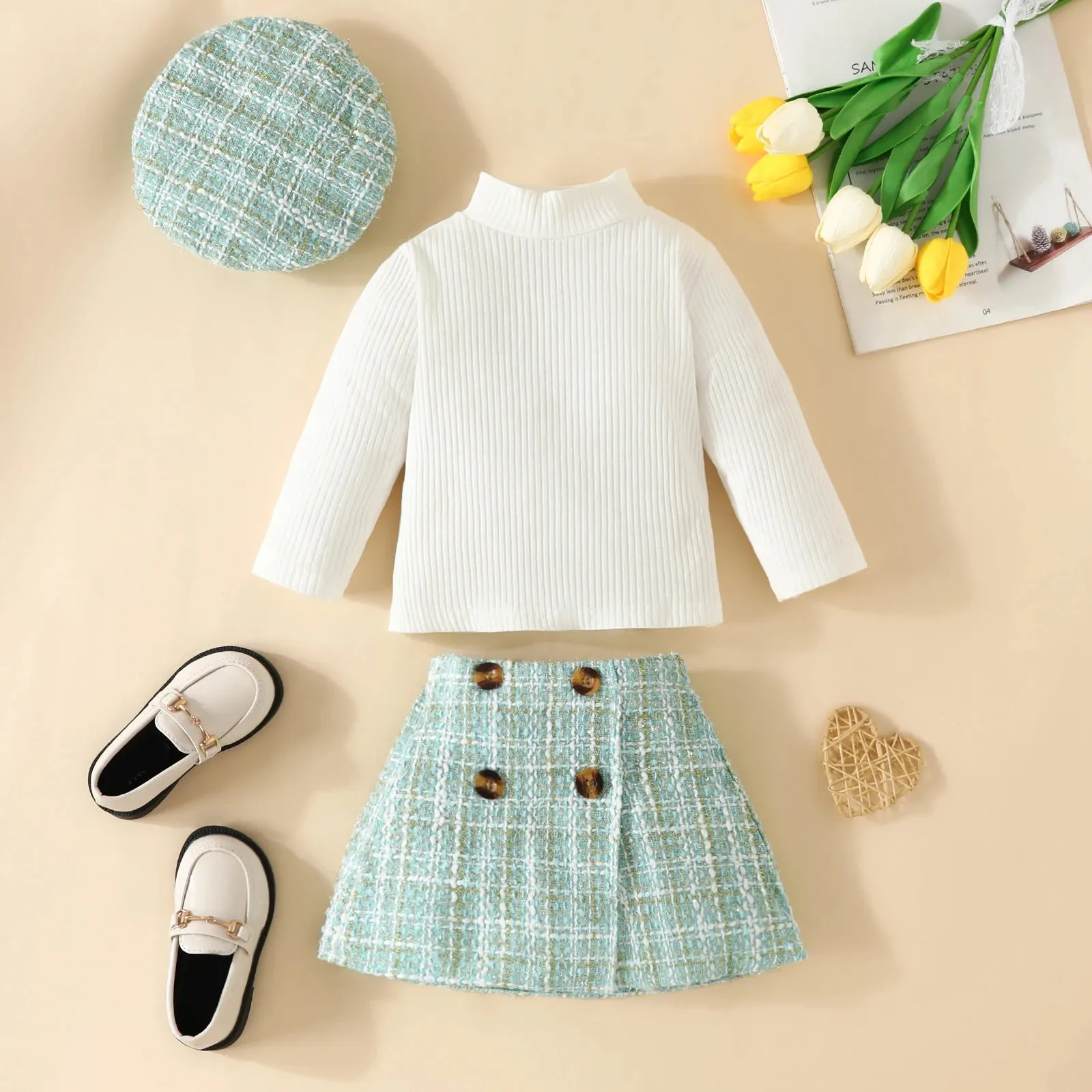 Euro Toddler Knit Long Sleeve Tops Plaid Skirts