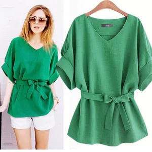 European Ladies Blouse Women Cotton Linen Tunic Shirt V Neck Loose Blouse Female Tops Plus Size XL-5XL H28