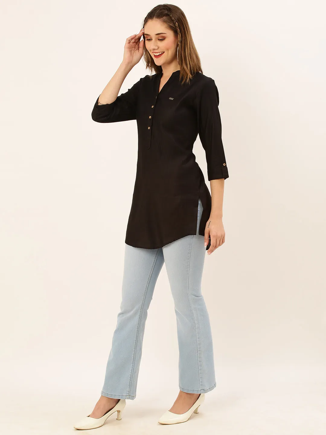 Exclusive Mandarin Collar Rayon Solid Black Straight Tunic For Women ZOLA